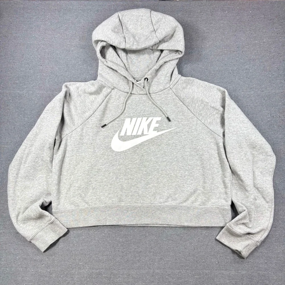 Nike Hoodie Women Large Gray Cropped Fleece Pullover Logo Raglan Sportswear
